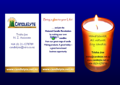 Candlelyte business card created using a photograph, logos and graphics;