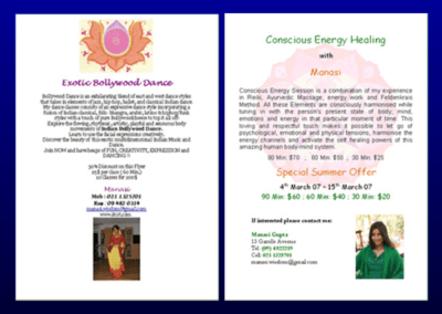 Ayurveda four hand massage flyer, one third of a A4 page with backside print;