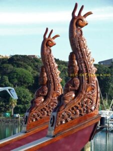Maori art on a waka (boat), New Zealand;