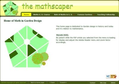 the mathscaper Home page with Flash animation, with dynamic three state navigation menu;