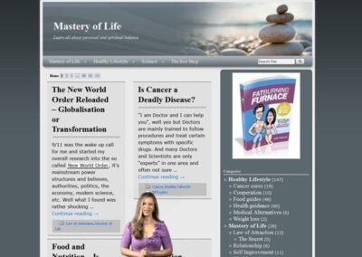 Mastery of Life Home page with three state navigation, ad space and welcoming animation;