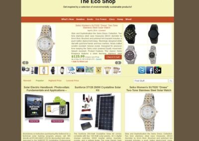 The Eco Shop Home page with three state navigation, product slider, ad space and recent articles listing;