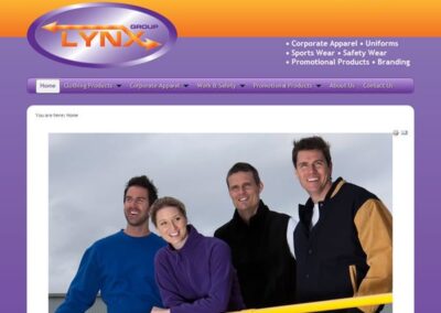 Lynx Group Home page with logo, top and left side menu, dynamic three state navigation;