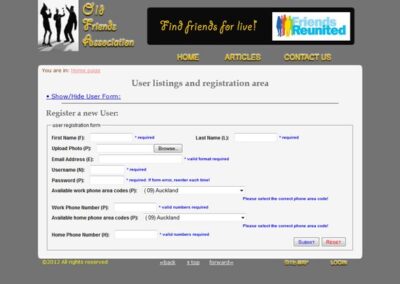 Old Friend's Association Admin page with administration forms for new users, article and other website elements;