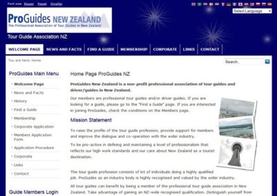 ProGuides New Zealand Home page with logo, top and left side menu, dynamic three state navigation, search and on the fly translation;